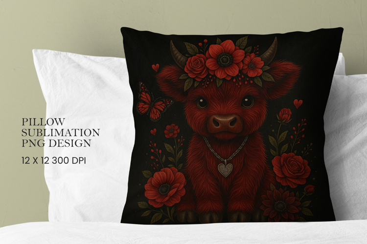 Highland Cow Flowers Pillow Sublimation PNG