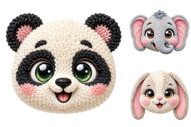 Crochet Animal Face PNG Bundle, Sublimation PNG