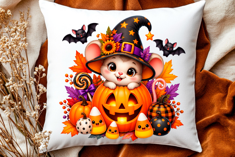 Cute Halloween mouse pumpkin design with witch hat candy