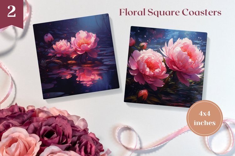 Peony Square Coaster Design, Colorful Peony Sublimation PNG example image 1