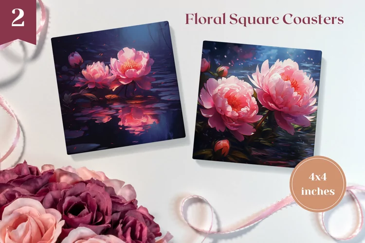 Peony Square Coaster Design, Colorful Peony Sublimation PNG