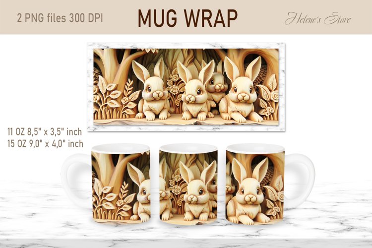 Easter bunny mug wrap sublimation | Wooden rabbits mug wrap example image 1