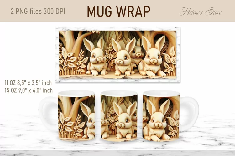 Easter bunny mug wrap sublimation | Wooden rabbits mug wrap