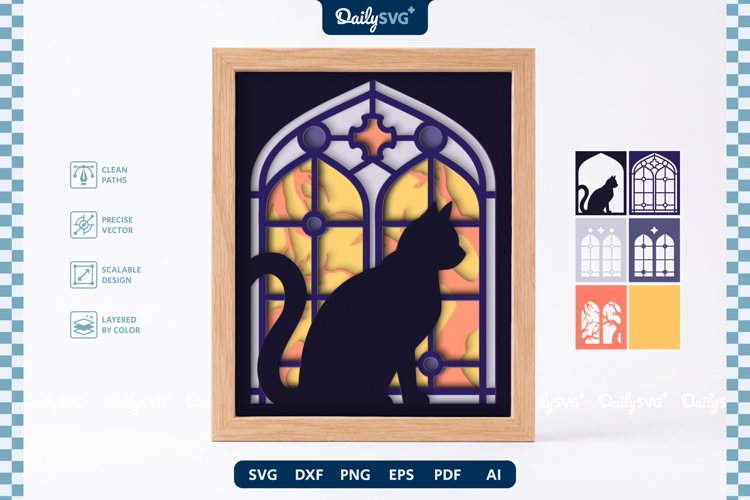 Cat on Gothic Window Halloween Layered Shadow Box