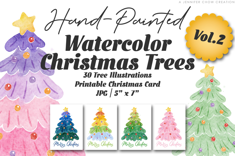Printable Christmas Card Hand Painted Watercolor Trees Vol.2