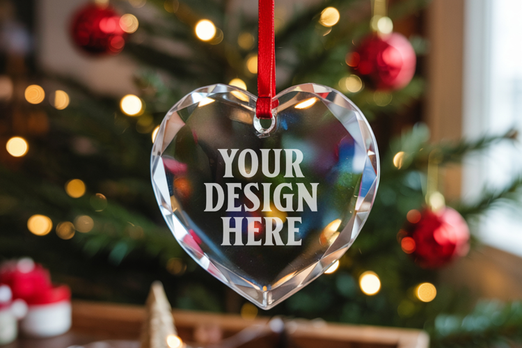 Christmas Heart Crystal Glass Ornament Mockup | Clear Heart