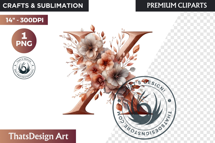 Floral Alphabet wedding Clipart Rose Gold flower letter