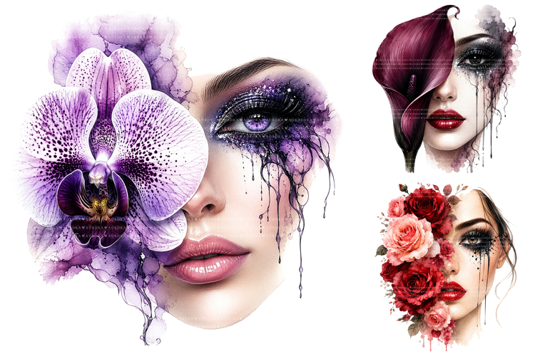 Watercolor Floral Woman Face Designs, Aesthetic Clipart