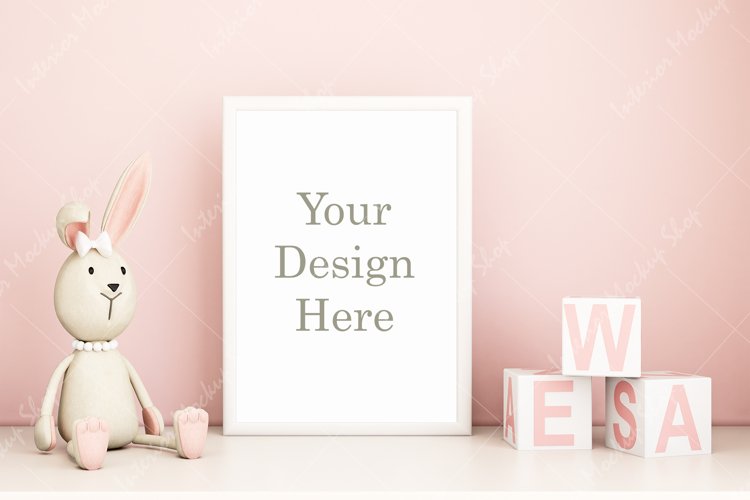 Frame mockup kids. Pink wall and white frame for girl example image 1