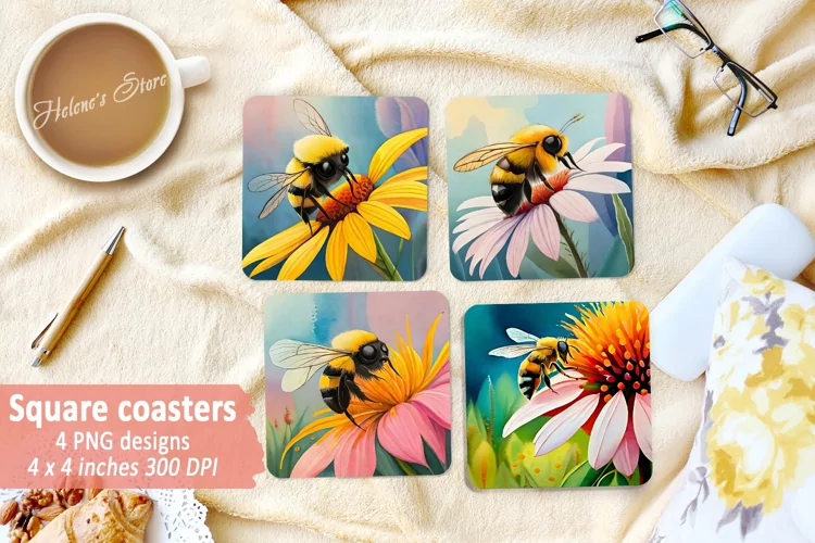 Watercolor Bee floral Coaster | Square Coaster Sublimation