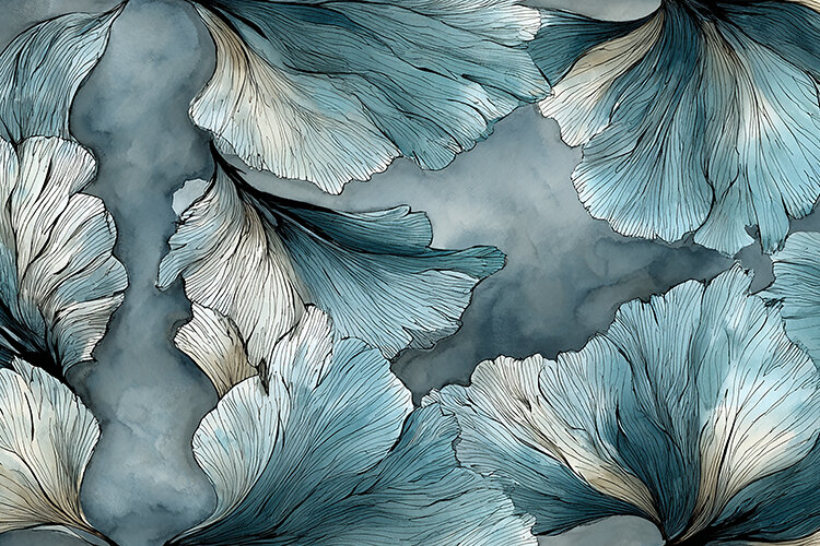 Illustration of blue and white leaves on a gray background