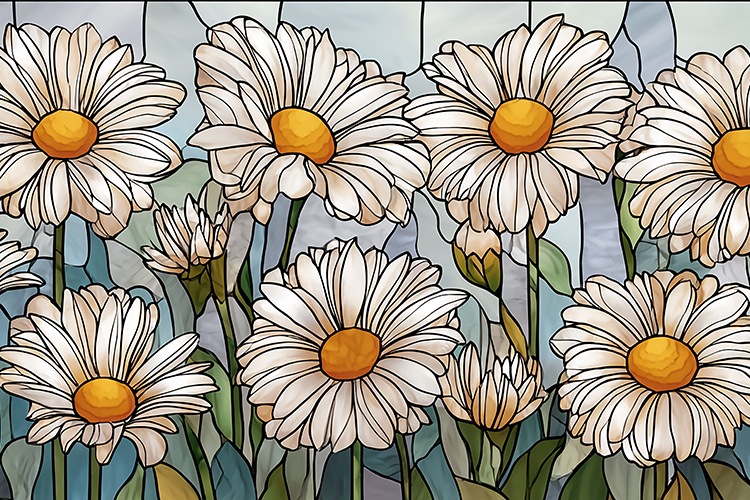 Field of white daisies with yellow centres