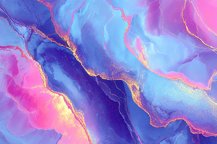 Swirling purple, blue, and pink hues and golden accents