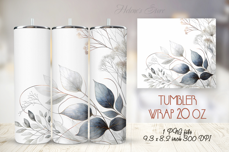 Gray watercolor leaves straight tumbler 20oz wrap designs