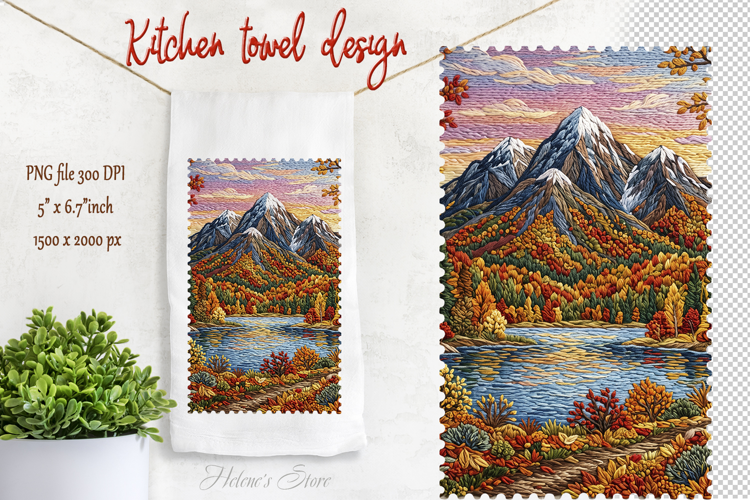 Autumn mountains design | Farmhouse kitchen tea towel png