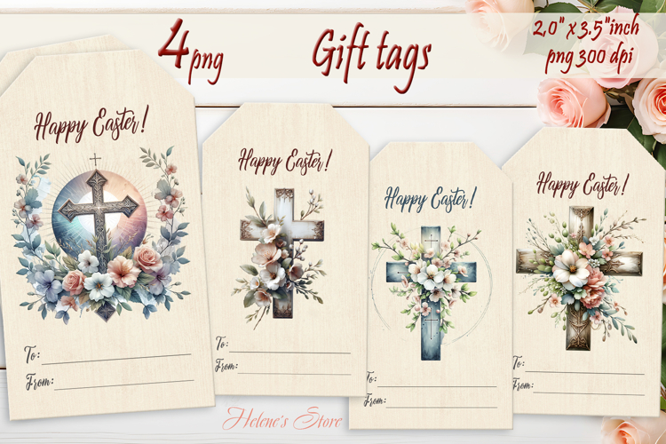 Easter cross Gift Tags|Happy Easter labels| Floral label png