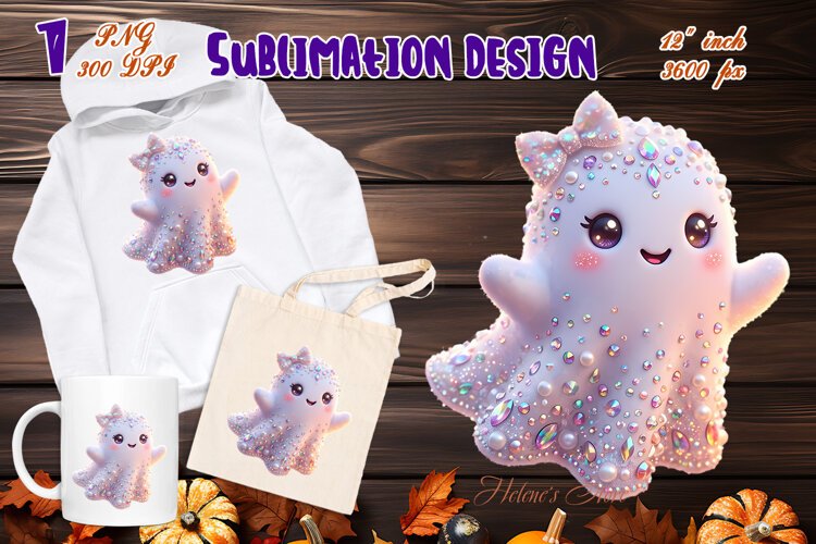Cute Halloween clipart | Kawaii ghost sublimation design PNG example image 1