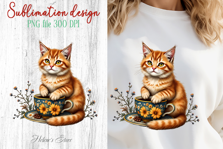 Coffee   cat in flowers sublimation design| Cute cat clipart