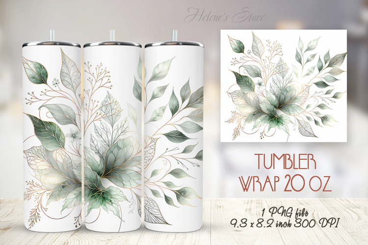 Green watercolor leaves straight tumbler 20oz wrap designs