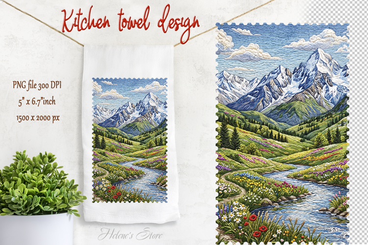 Spring mountains design | Farmhouse kitchen tea towel png
