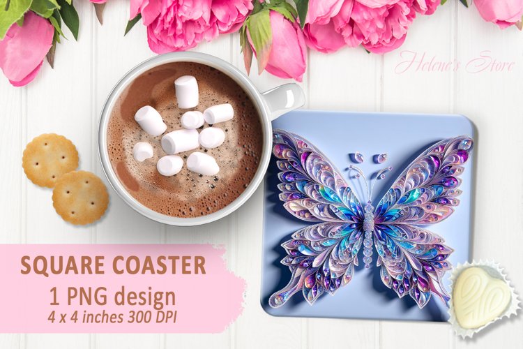 3d Crystal butterfly coaster sublimation |Square coaster PNG