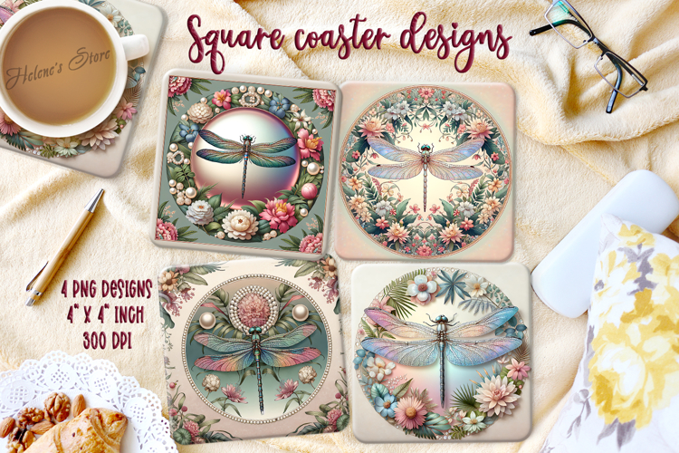 Fantasy dragonfly in floral frame square coaster design png