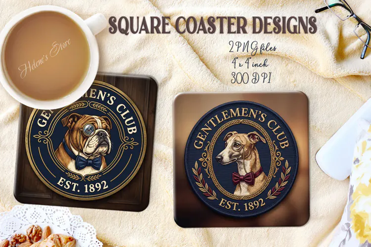 Vintage Gentlemen Dog square coasters sublimation design png