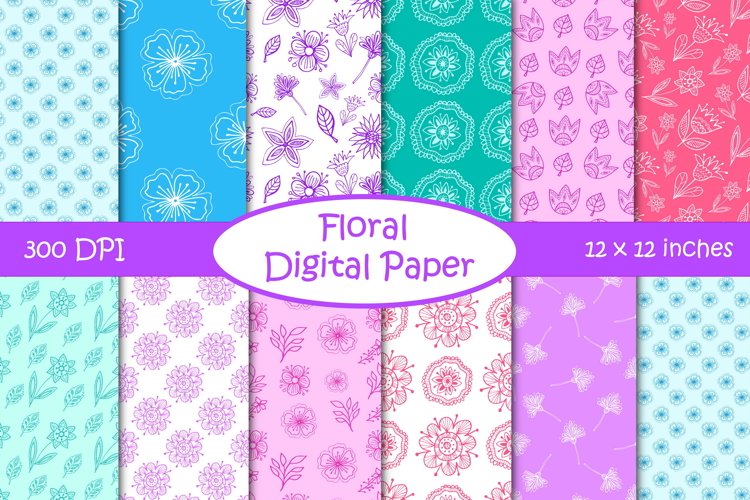 Floral Digital Paper Pack - Flowers and Leaves Patterns