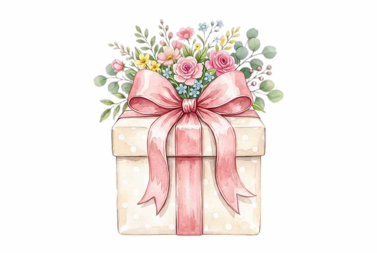 Watercolor elegant gift box with pink ribbon bow