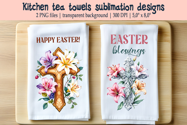 Easter cross with flowers lily kitchen tea towel sublimation