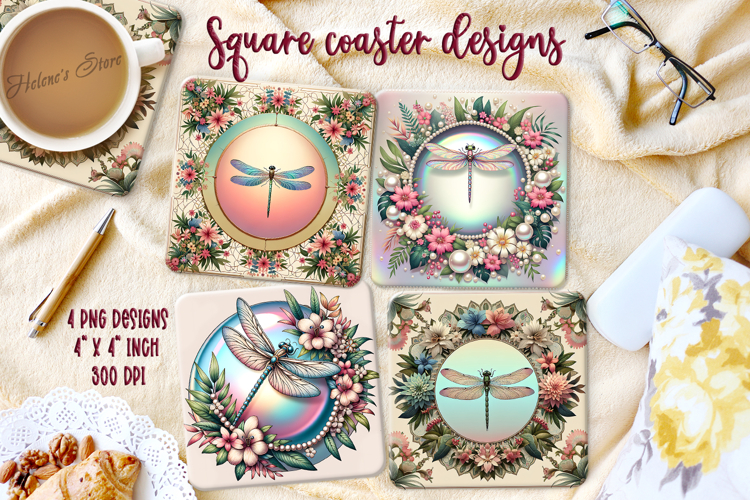 Fantasy dragonfly in floral frame square coaster design png