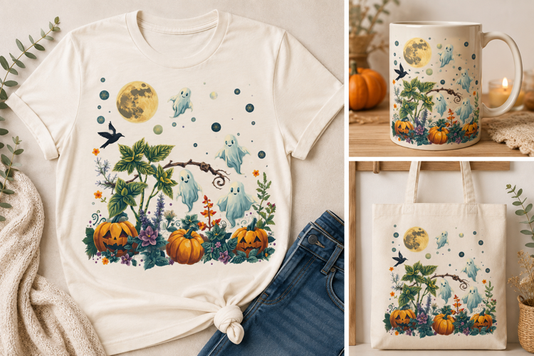Halloween Ghosts & Pumpkins PNG | Moonlit Floral Clipart