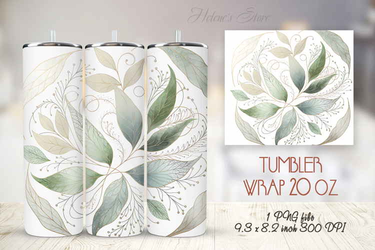 Green watercolor leaves straight tumbler 20oz wrap designs