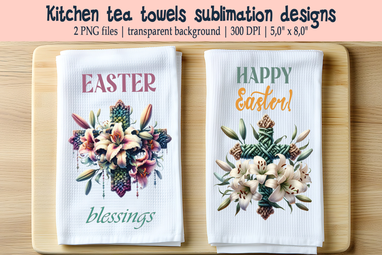 Easter cross with flowers lily kitchen tea towel sublimation