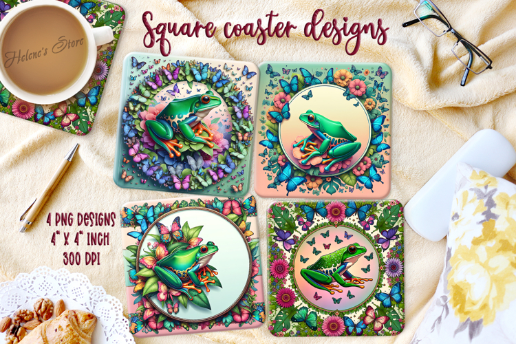 Cute frog & butterfly in floral frame square coaster design