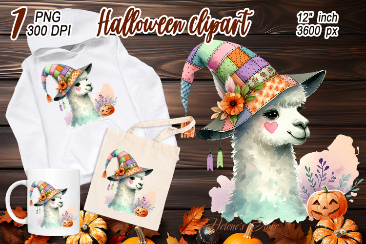 Halloween Llama in patchwork hat clipart png | Fall Animals