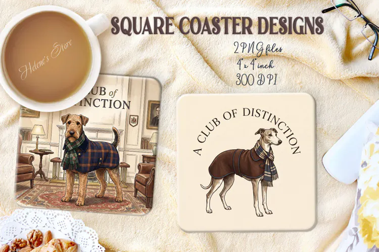 Style Gentlemen Dog square coasters|4 sublimation design png
