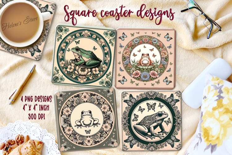 Cute frog & butterfly in floral frame square coaster design