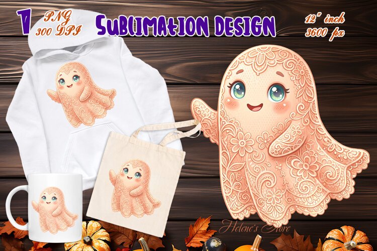Cute Halloween clipart | Kawaii ghost sublimation design PNG example image 1