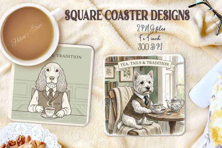 Style Gentlemen Dog square coasters|4 sublimation design png