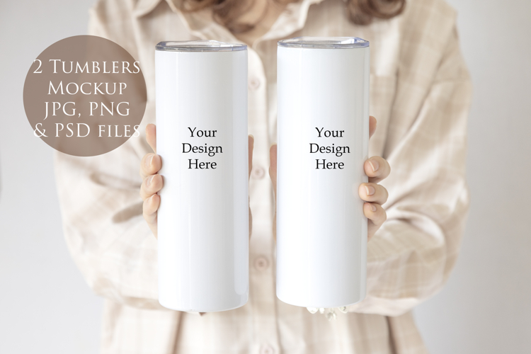 Two Skinny Tumbler Mockup -woman holding tumbler