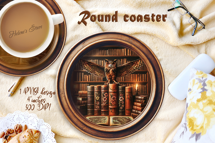 Owl in wood vintage library round coaster sublimation png