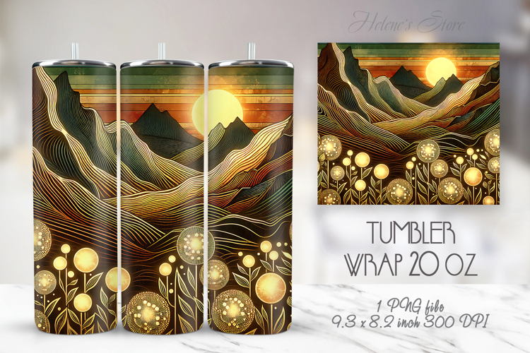 Gold sunset Mountains straight skinny tumbler 20oz wrap png