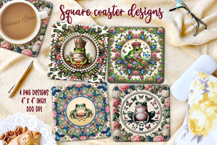 Cute frog & butterfly in floral frame square coaster design