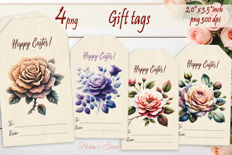 Happy Easter Gift Tags|Roses flowers labels|Floral label png