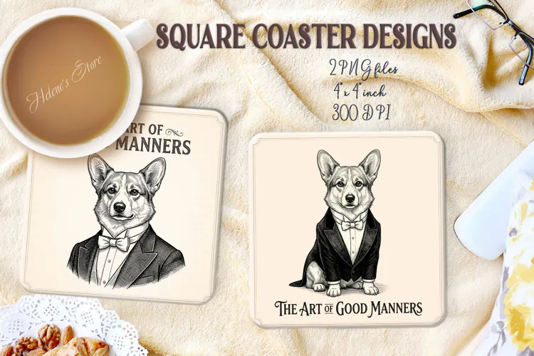 Style Gentlemen Dog square coasters|4 sublimation design png