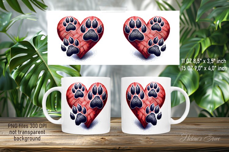 Dog paw red heart Mug Sublimation png | Dog lover mug wrap