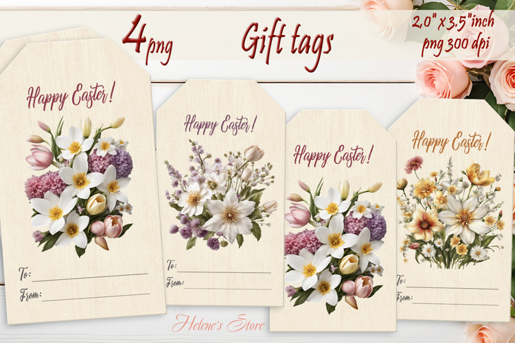 Happy Easter Gift Tags|Spring flowers labels|Floral label pn