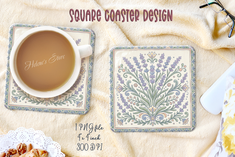 Pastel lavender folk tile pattern square coaster design png