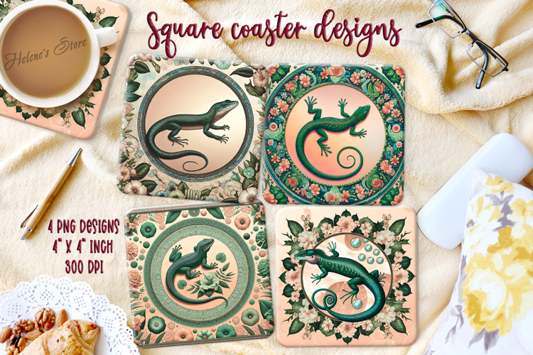 Cute lizard in round floral frame square coaster designs png